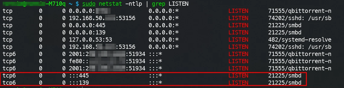 Samba 默认会同时监听 IPv6 地址
