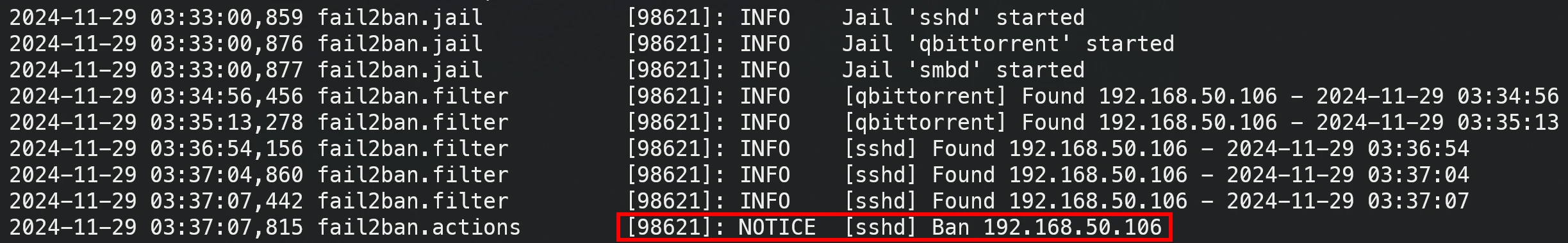 fail2ban.log 中记录了 192.168.50.106 的登录失败记录