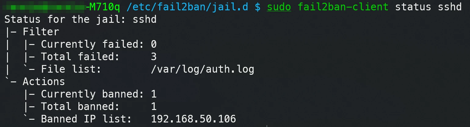 192.168.50.106 设备已被 sshd jail 封禁